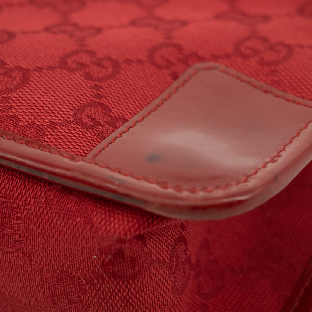 Gucci GG Canvas Red Patent Trimmed Square Tote Bag #3434