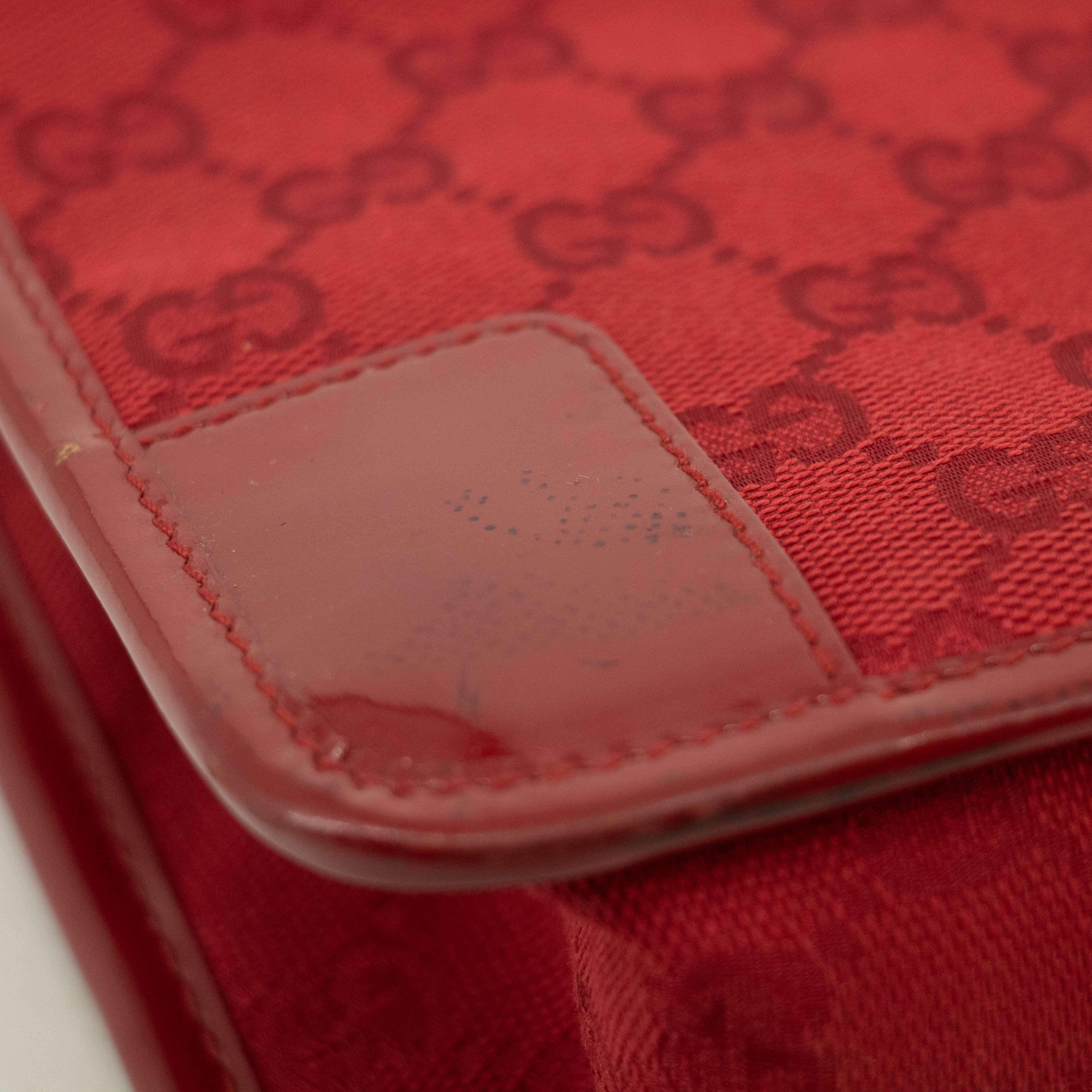 Gucci GG Canvas Red Patent Trimmed Square Tote Bag #3434