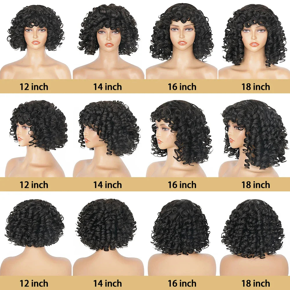 Bob Wig with Bangs Afro Bouncey Kinky Curls Brazilian Virgin Human Hair Glueless