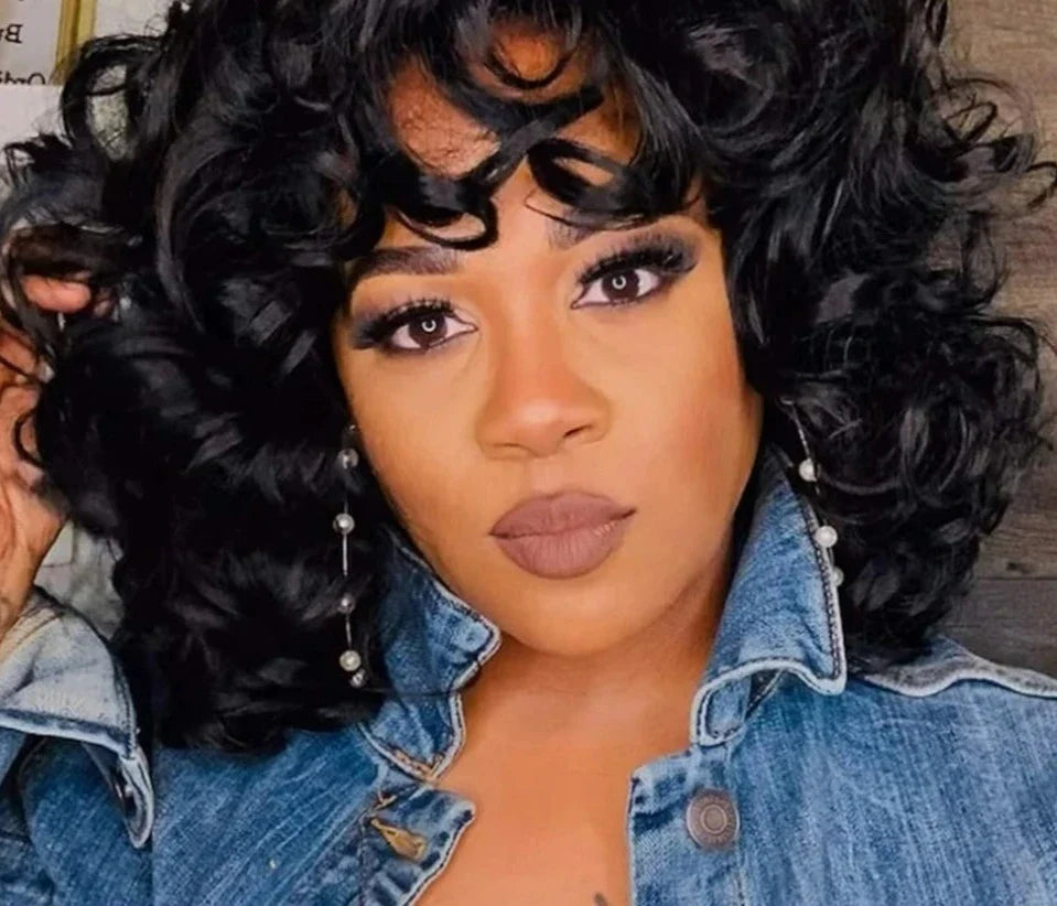 Bob Wig with Bangs Afro Bouncey Kinky Curls Brazilian Virgin Human Hair Glueless