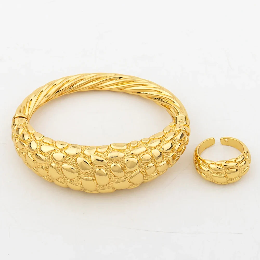African Gold Color Jewelry Set for Women Large Earrings and Pendant Italian Luxury Necklace Bangle Ring Weddings Jewellery Gift