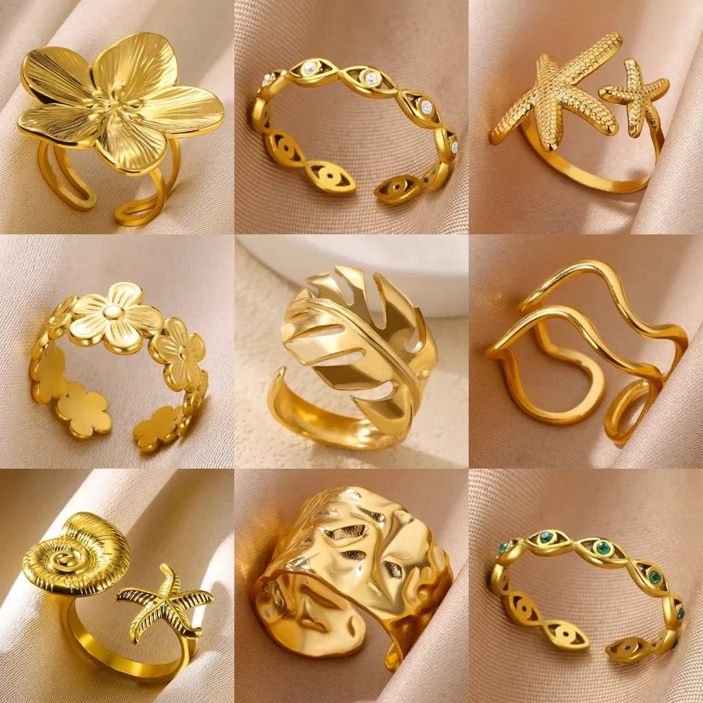 Stainless Steel Flower Open Rings For Women Trend Wedding Heart Jewelry Gold Color Geometric Hollow Ring Daily Accessories Gift