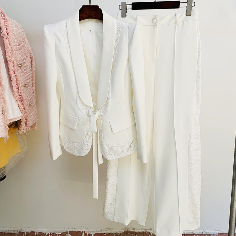 White Lace Blazer Eide Leg Pants Suits Women's lady formall office
