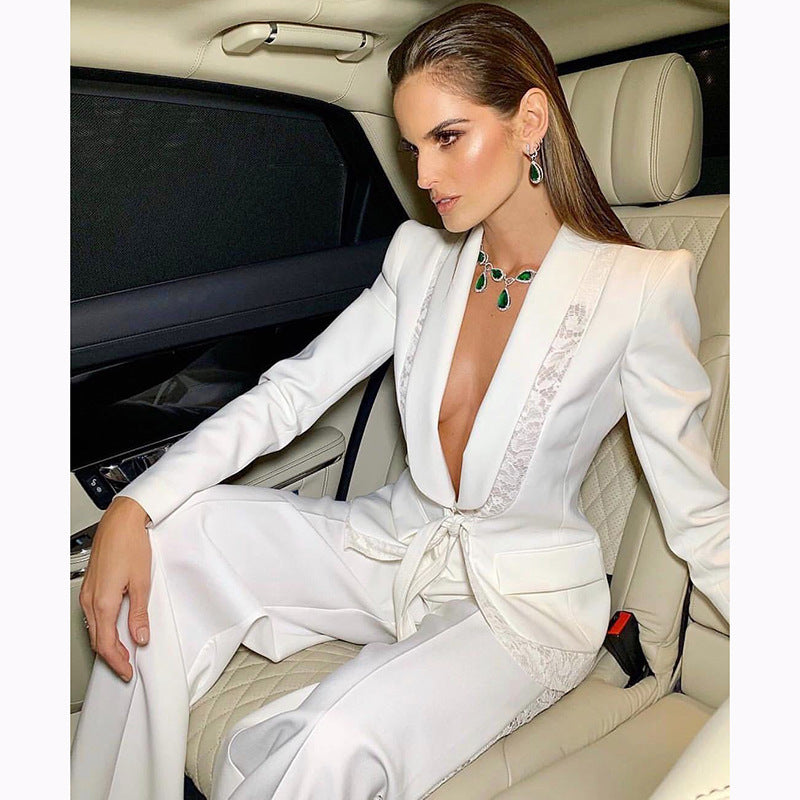 White Lace Blazer Eide Leg Pants Suits Women's lady formall office