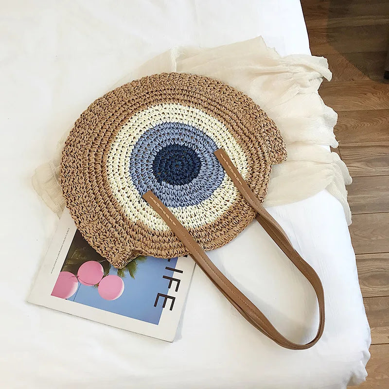 Large Capacity Round Women's Fashionable Straw Woven Shoulder Bag | Handmade Summer Beach Travel Holiday Women Tote Bags