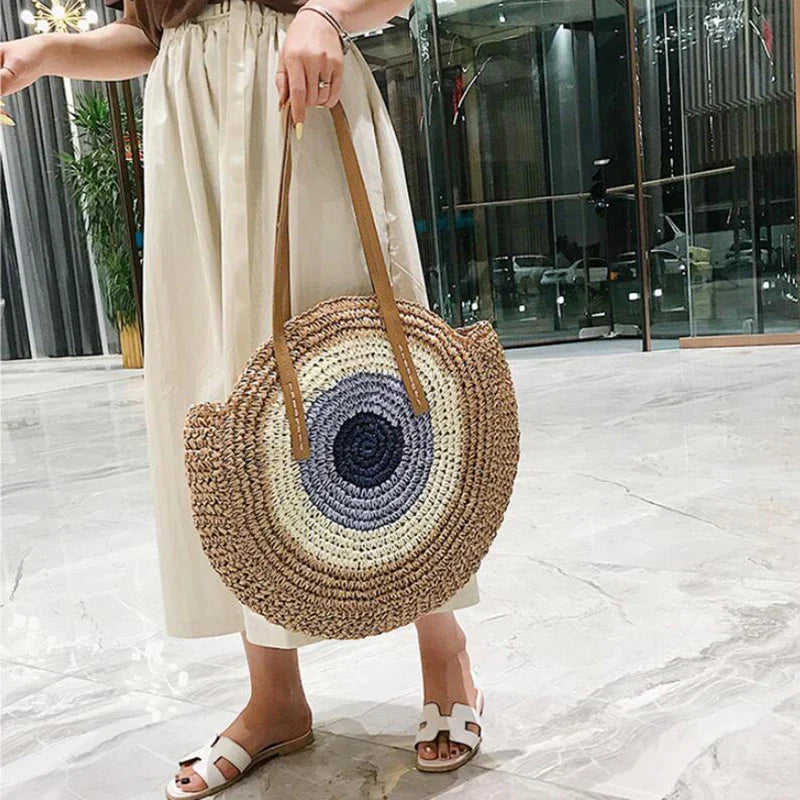 Large Capacity Round Women's Fashionable Straw Woven Shoulder Bag | Handmade Summer Beach Travel Holiday Women Tote Bags