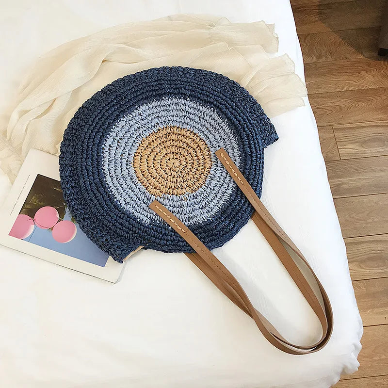 Large Capacity Round Women's Fashionable Straw Woven Shoulder Bag | Handmade Summer Beach Travel Holiday Women Tote Bags