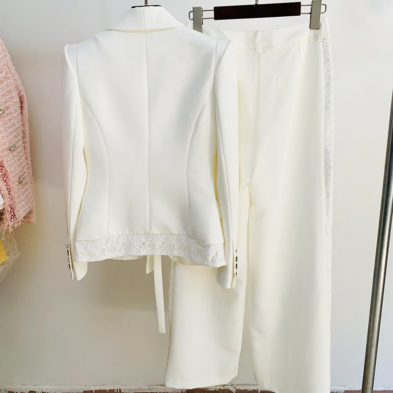 White Lace Blazer Eide Leg Pants Suits Women's lady formall office