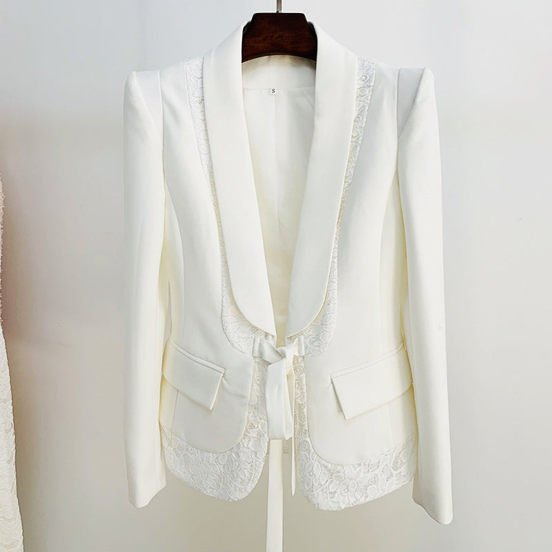 White Lace Blazer Eide Leg Pants Suits Women's lady formall office