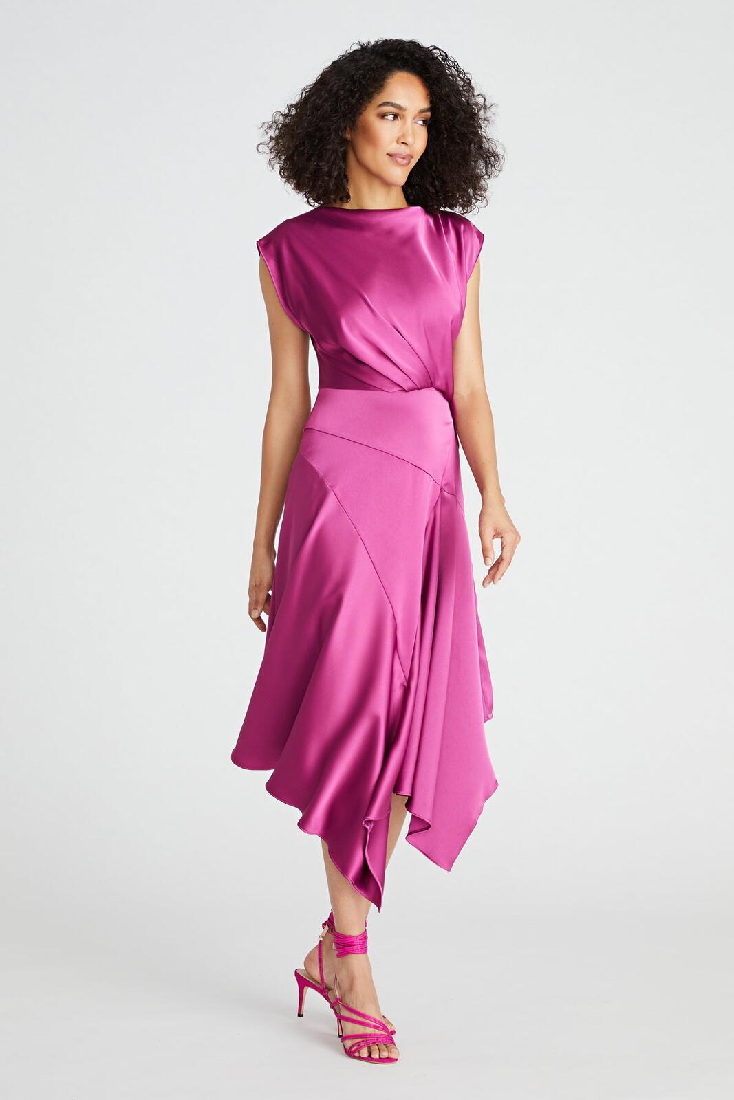Asymmetric Satin Midi Dress in Fuchsia - Elegant Evening