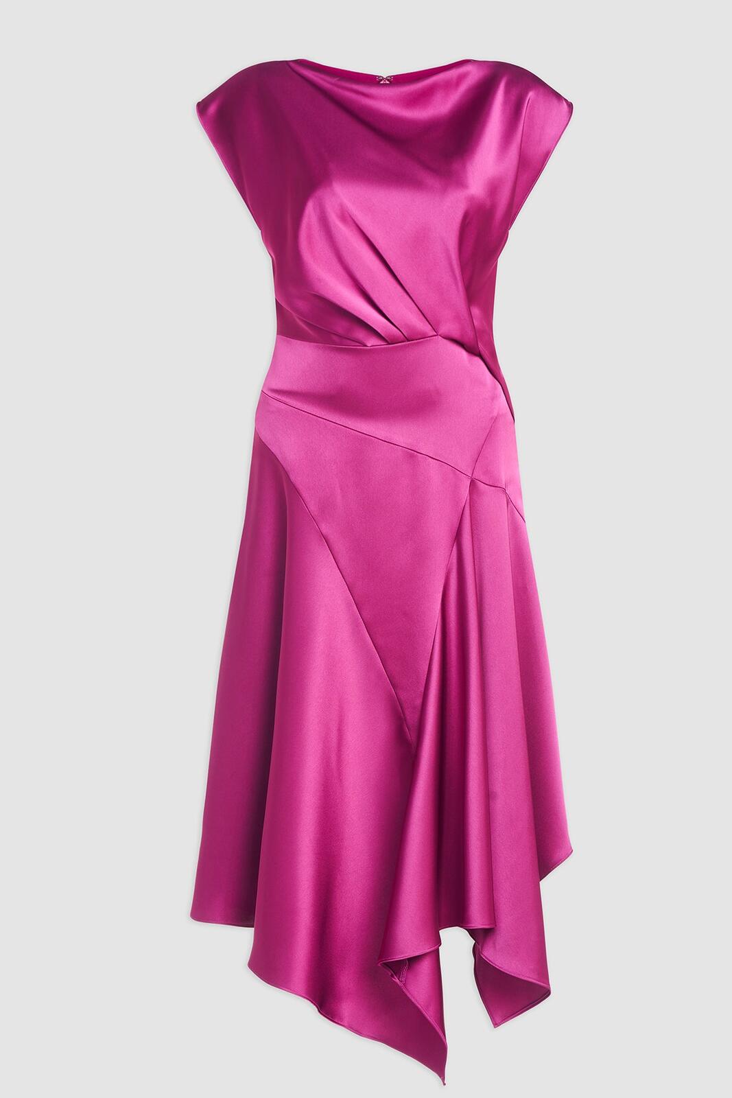 Asymmetric Satin Midi Dress in Fuchsia - Elegant Evening