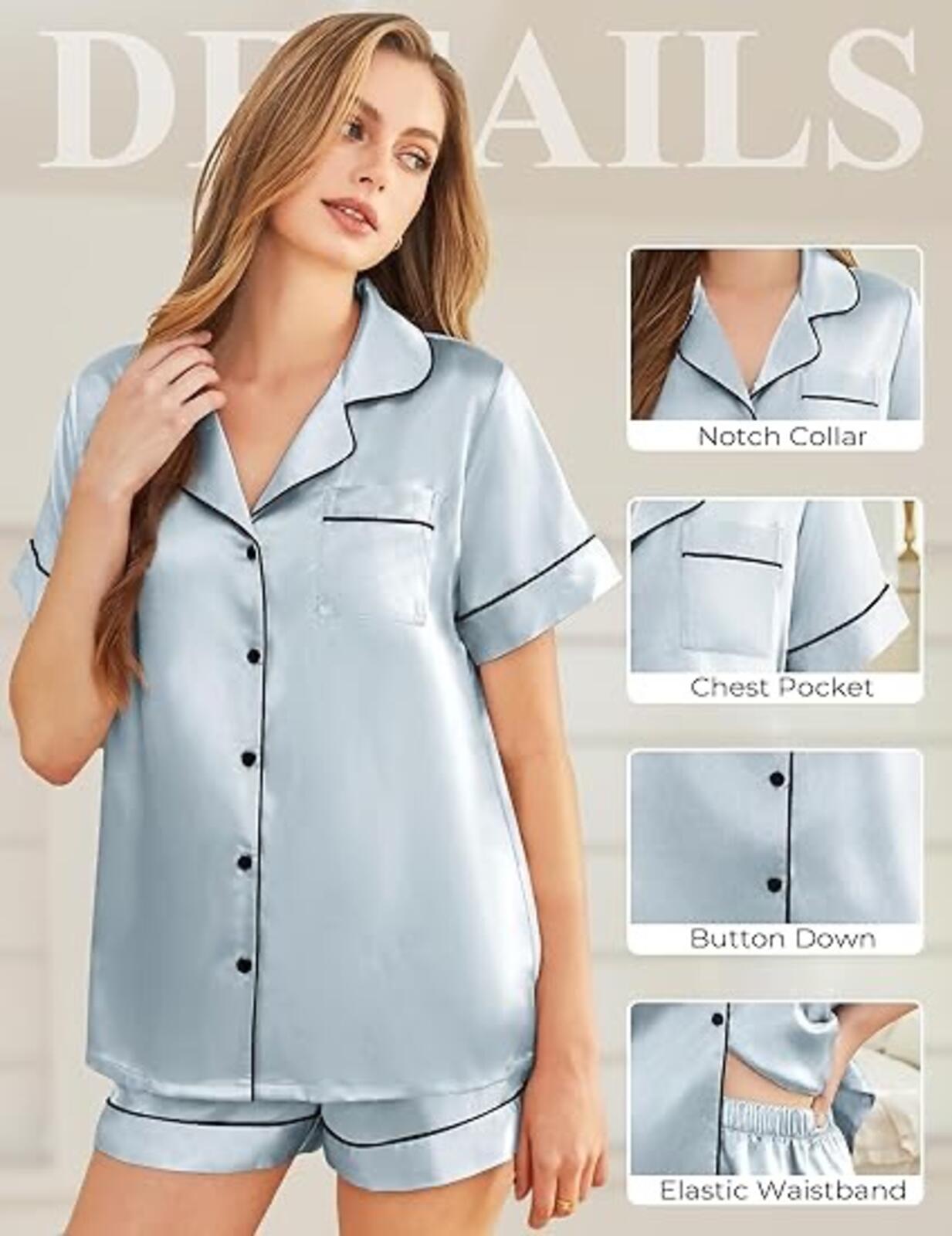 Satin Pajama Set Women 2 Piece Short Sleeve Button Down Shorts — Size M