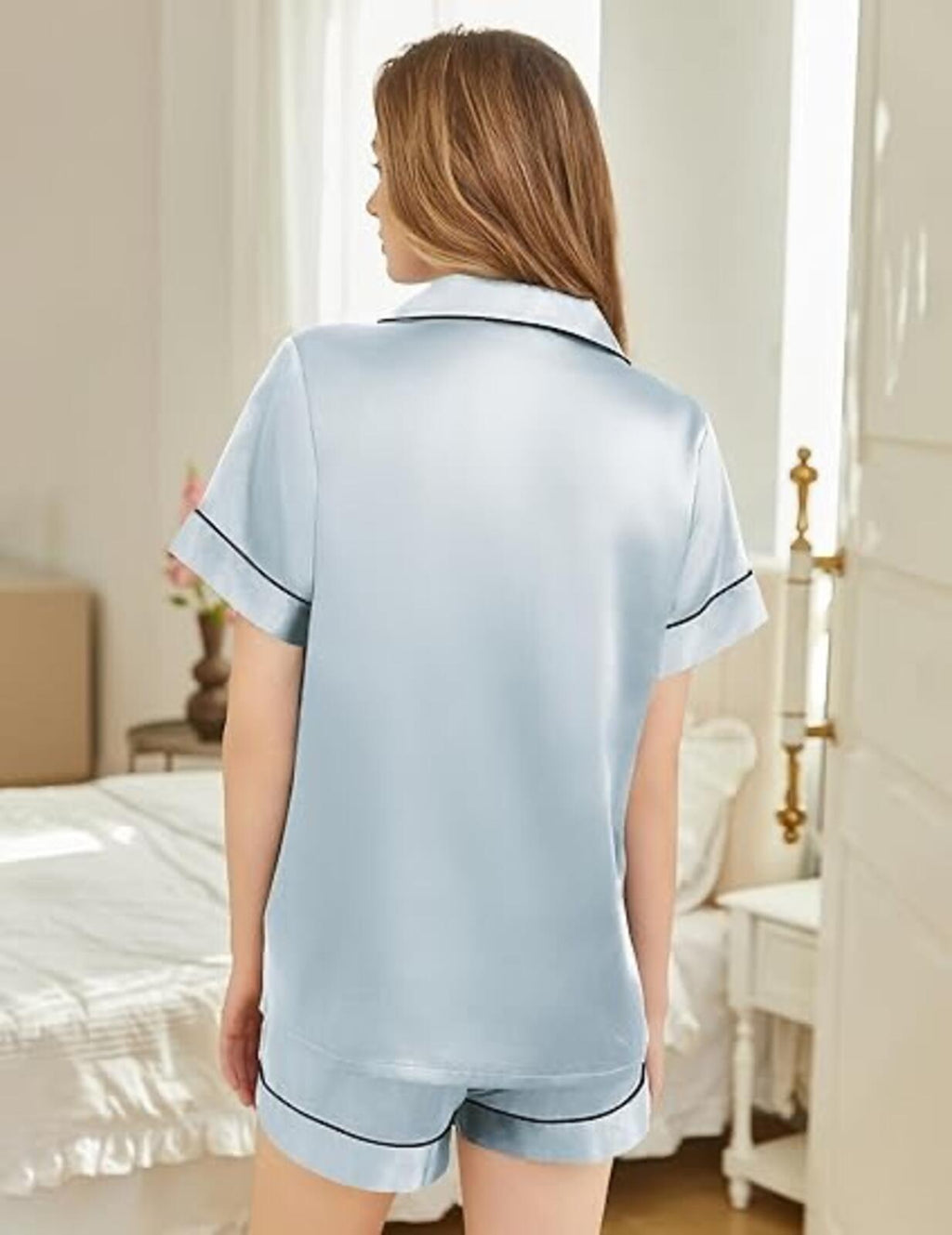 Satin Pajama Set Women 2 Piece Short Sleeve Button Down Shorts — Size M