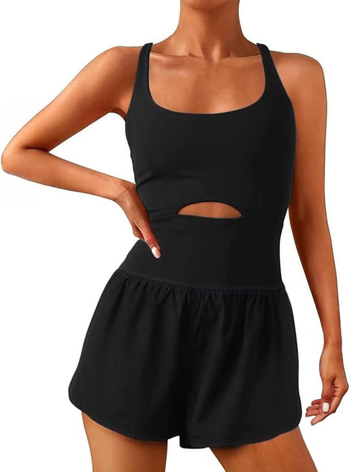 Wenlia Women's Workout Romper Black Built-In Bra & Shorts- Sz LARGE