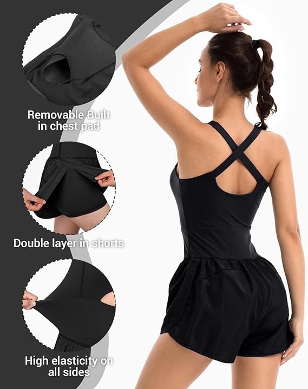 Wenlia Women's Workout Romper Black Built-In Bra & Shorts- Sz LARGE