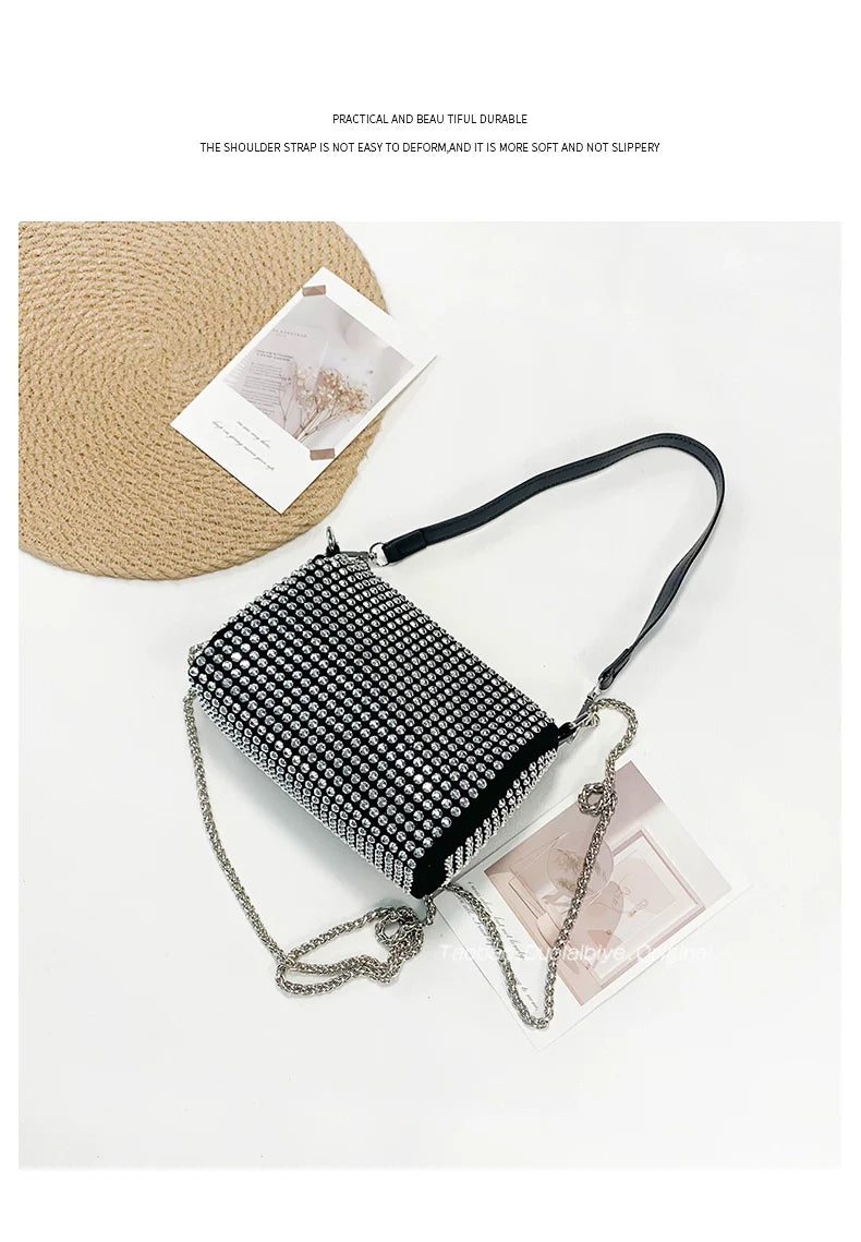 New Arrival Trendy Rhinestone Small Square Bag | Full Diamond Underarm Bag & Women's Chain Shoulder Crossbody Small Handbag (Japanese & Korean Style)