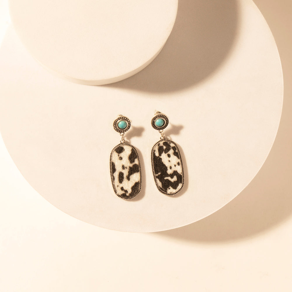 Myra Wild Hide Dangle Earrings for Women with turquoise and cowhide print detail for premium western wear