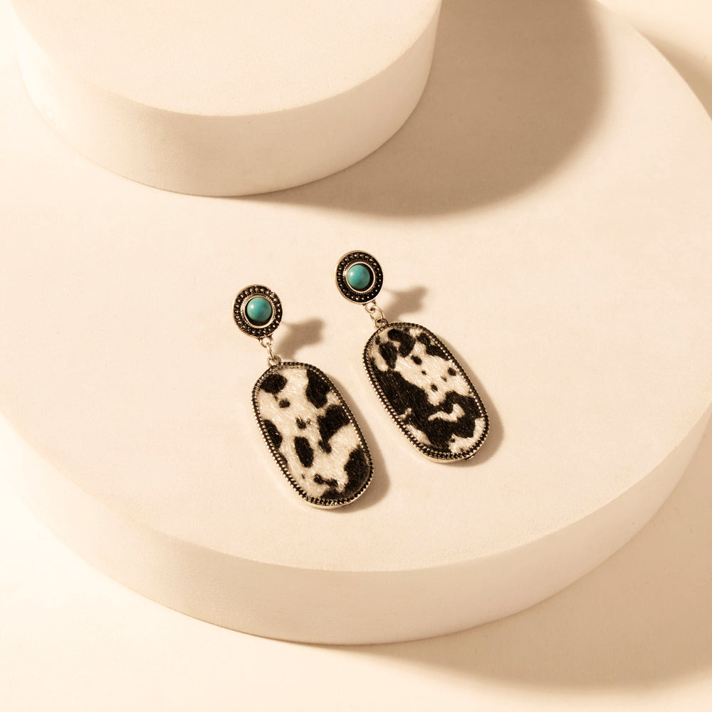 Myra Wild Hide Dangle Earrings for Women with turquoise and cowhide print detail for premium western wear