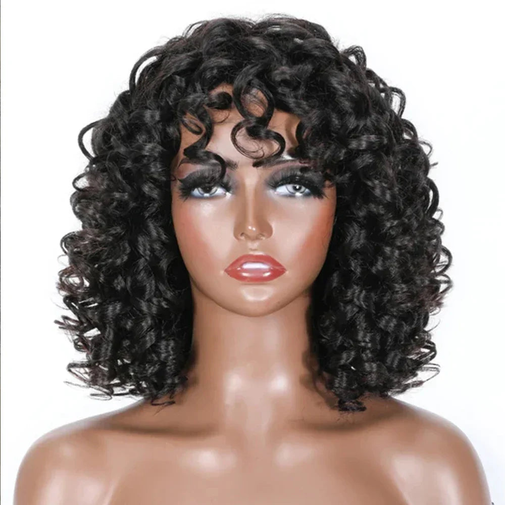 Bob Wig with Bangs Afro Bouncey Kinky Curls Brazilian Virgin Human Hair Glueless