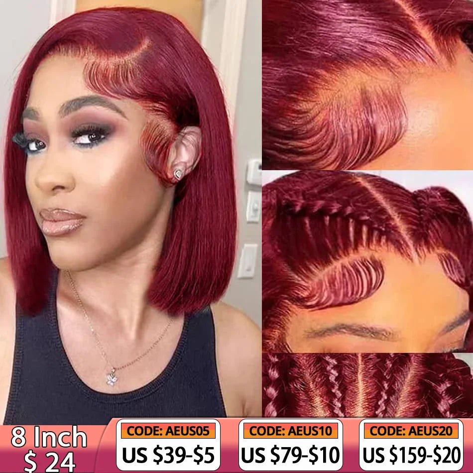Bob Wigs Lace Front Human Hair Wigs 13x4 Burgundy Straight