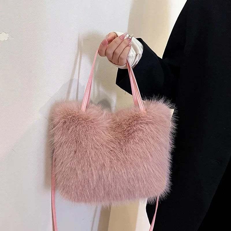 Faux Fur Tote Bag Women's | Bucket Plush Luxury Design Ladies Handbags & Soft Winter Crossbody Shoulder Bags (Bolsa Feminina)