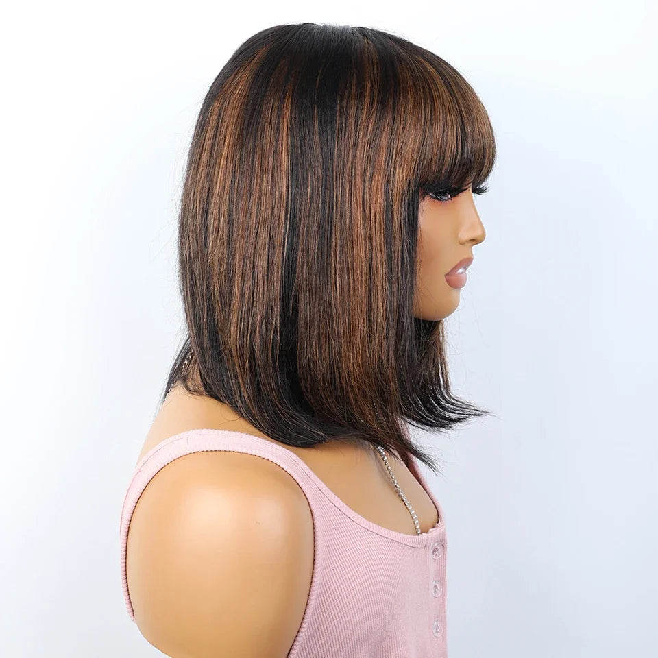 Ombre #4/27 Straight Bob Wig with Bangs | Human Hair Lace Top & Realistic Scalp