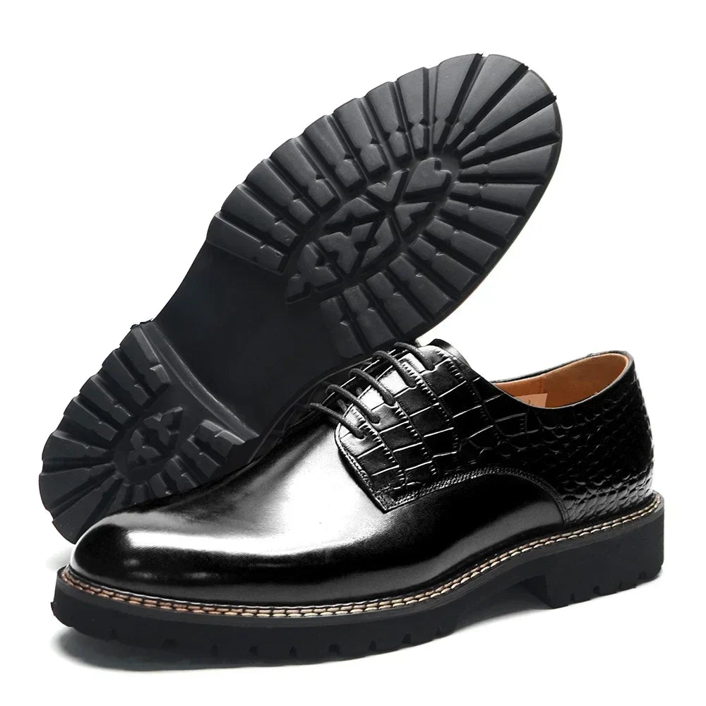 Designer Men's Genuine Leather Casual Derby Shoes | Crocodile Print Business & Social Sneakers (Height Increasing)