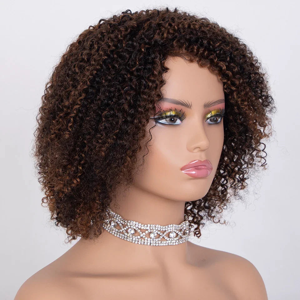 Ombre Highlight Afro Kinky Curly Human Hair Bob Wig | Full Machine Made Brazilian Remy