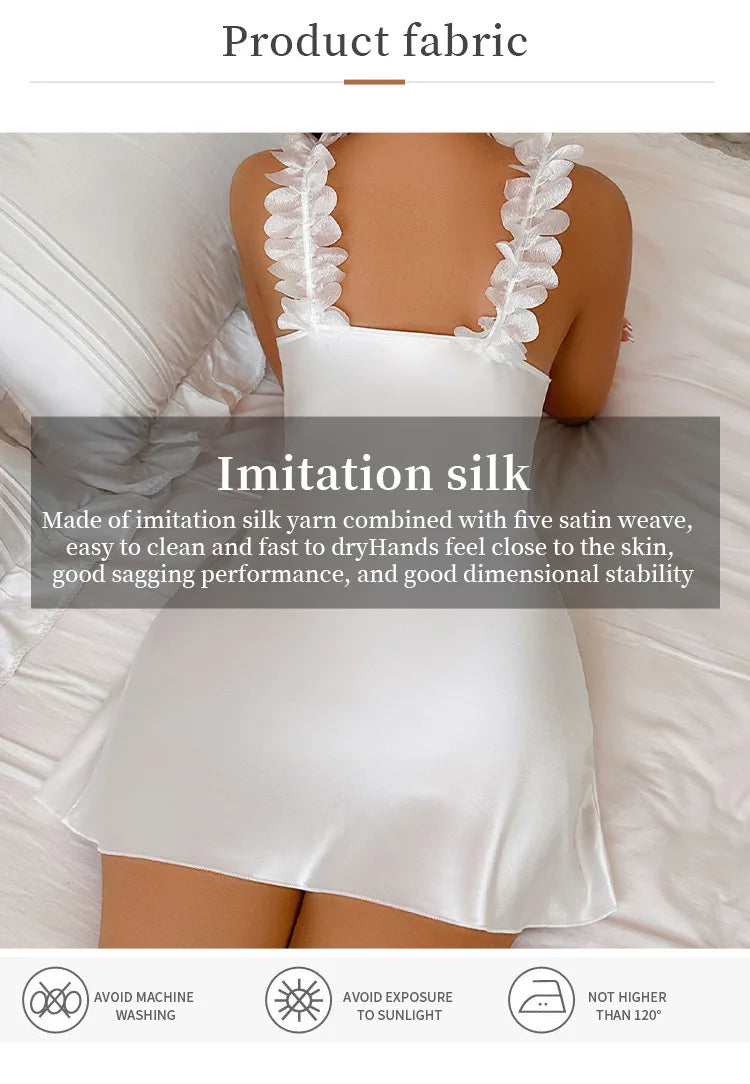 Summer Contrast Sensual Lace Silk Satin Nightdress for Women Nightgown Deep V Backless Split Slip Sleep Dress Pajamas