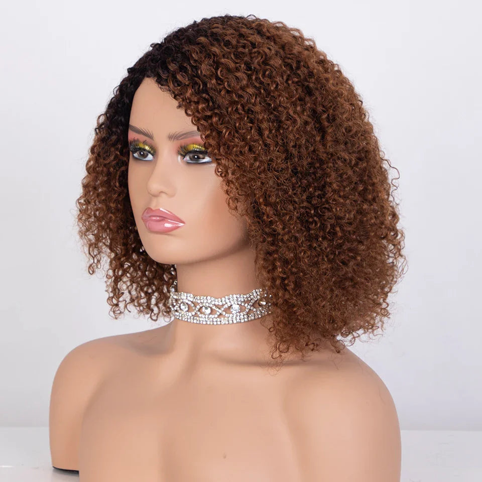 Ombre Highlight Afro Kinky Curly Human Hair Bob Wig | Full Machine Made Brazilian Remy