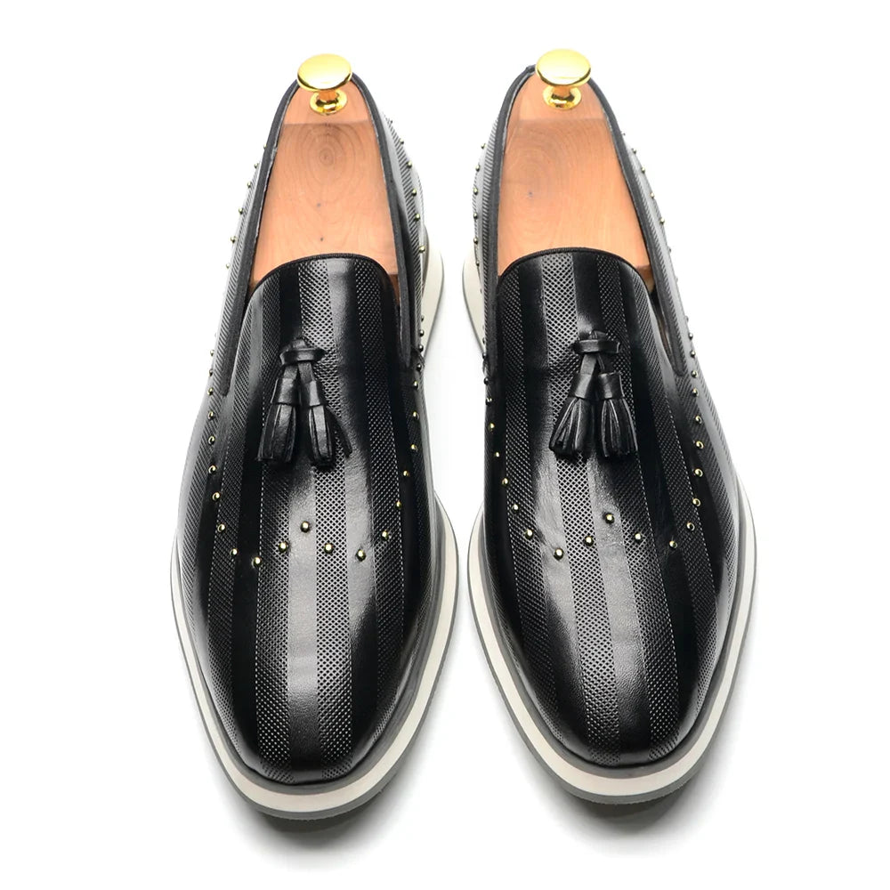 Top Grade Luxury Men's Genuine Leather Loafers | Original Stripe Rivets & Tassel Casual Flat Shoes