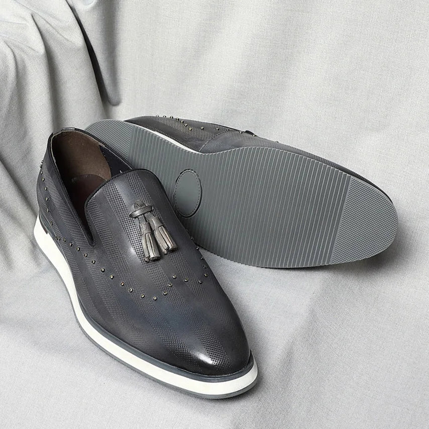 Top Grade Luxury Men's Genuine Leather Loafers | Original Stripe Rivets & Tassel Casual Flat Shoes