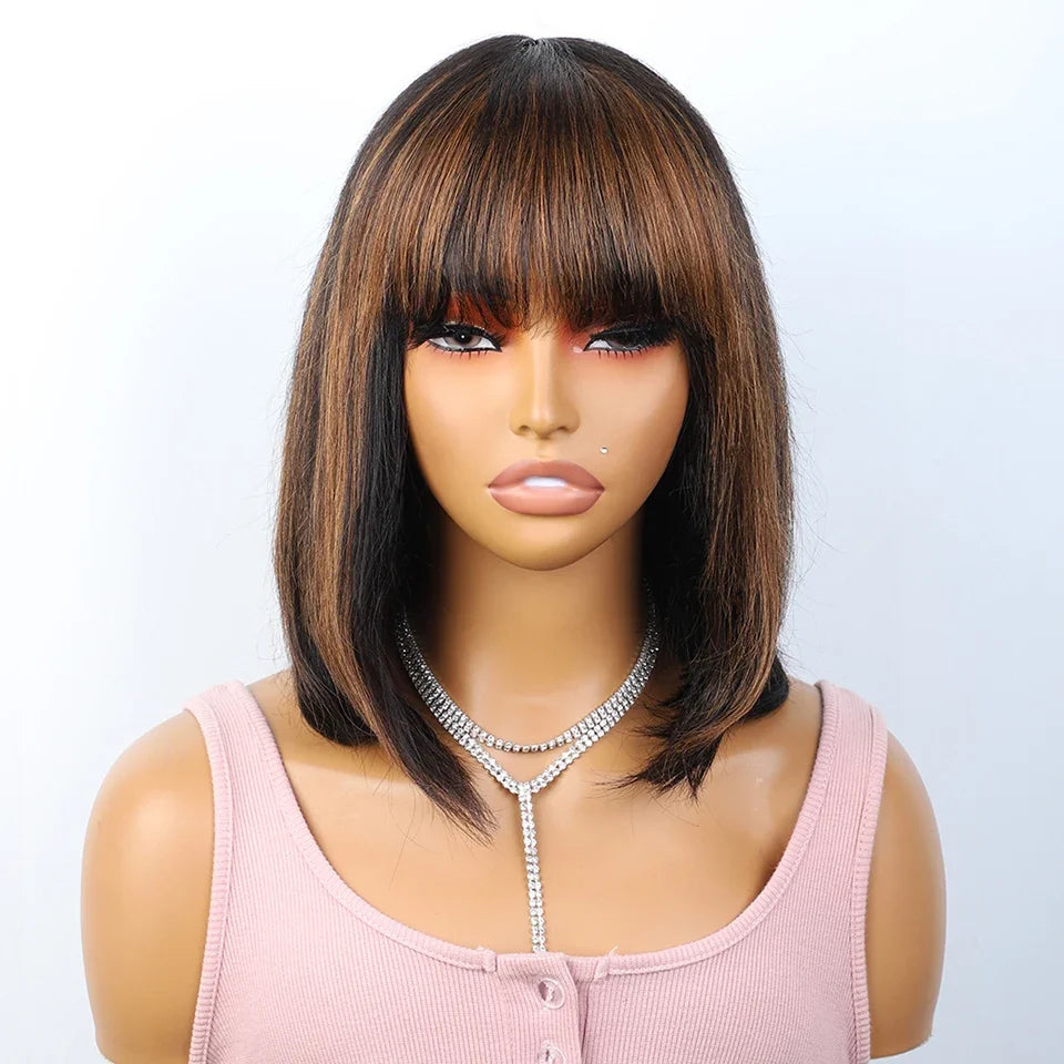 Ombre #4/27 Straight Bob Wig with Bangs | Human Hair Lace Top & Realistic Scalp