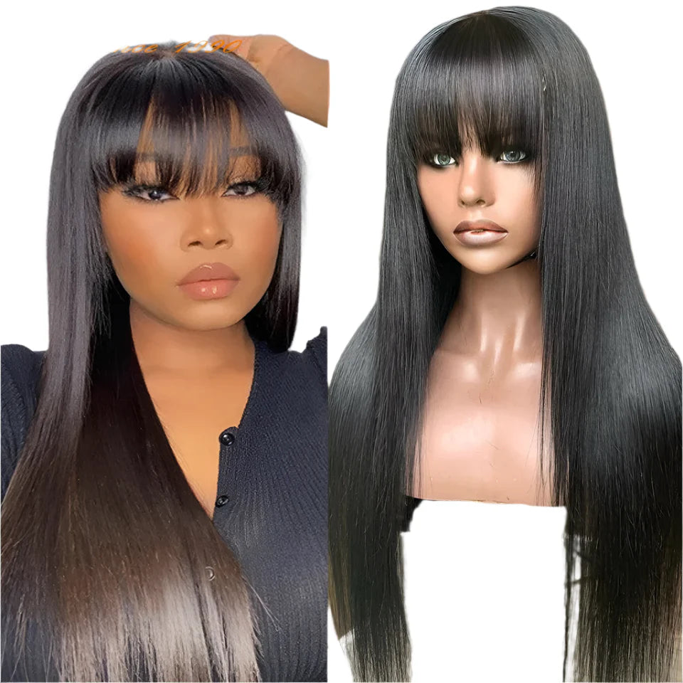 Bone Straight Human Hair Wig with Bangs | 3x1 Middle Part Lace Wig (Remy, Clearance Sale)