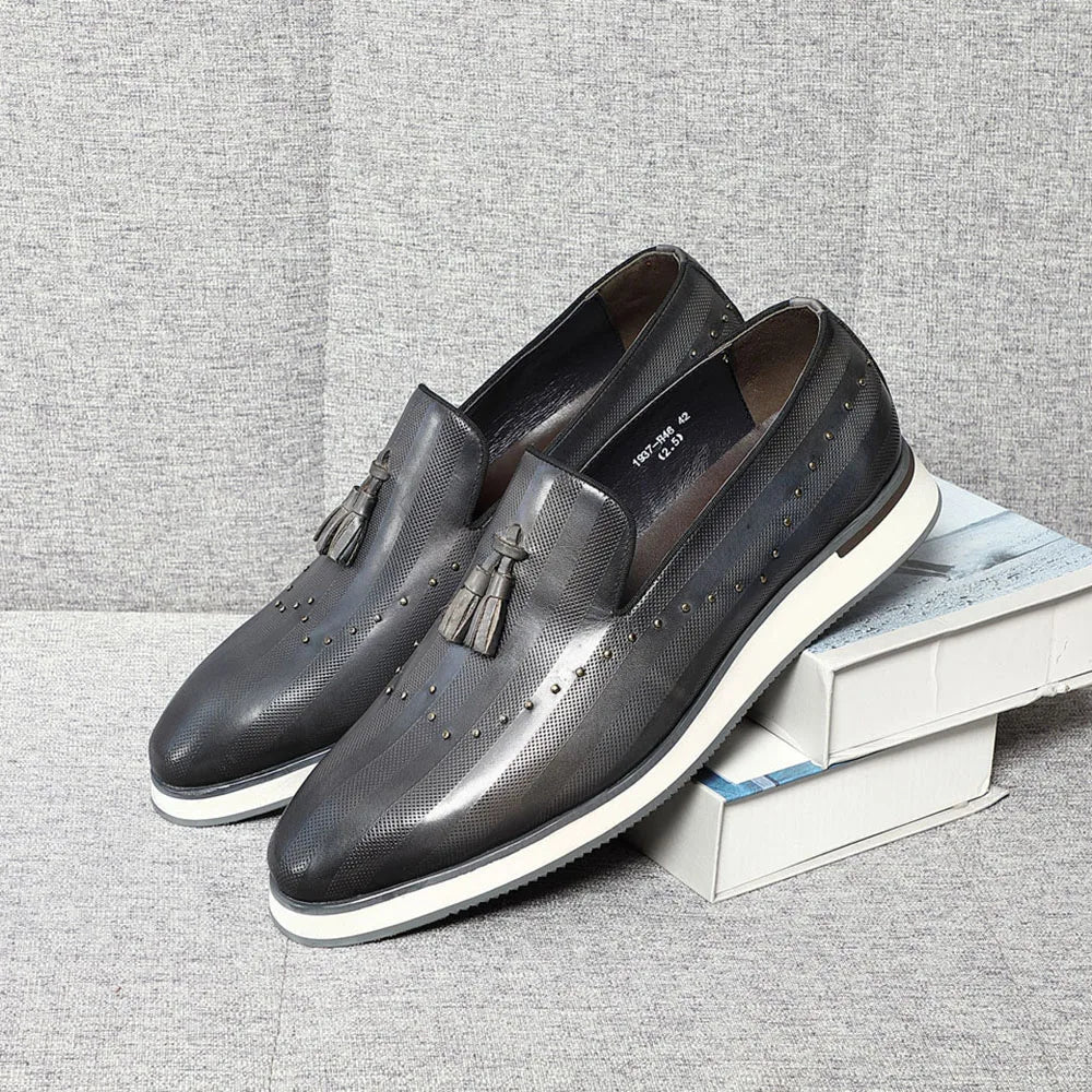 Top Grade Luxury Men's Genuine Leather Loafers | Original Stripe Rivets & Tassel Casual Flat Shoes