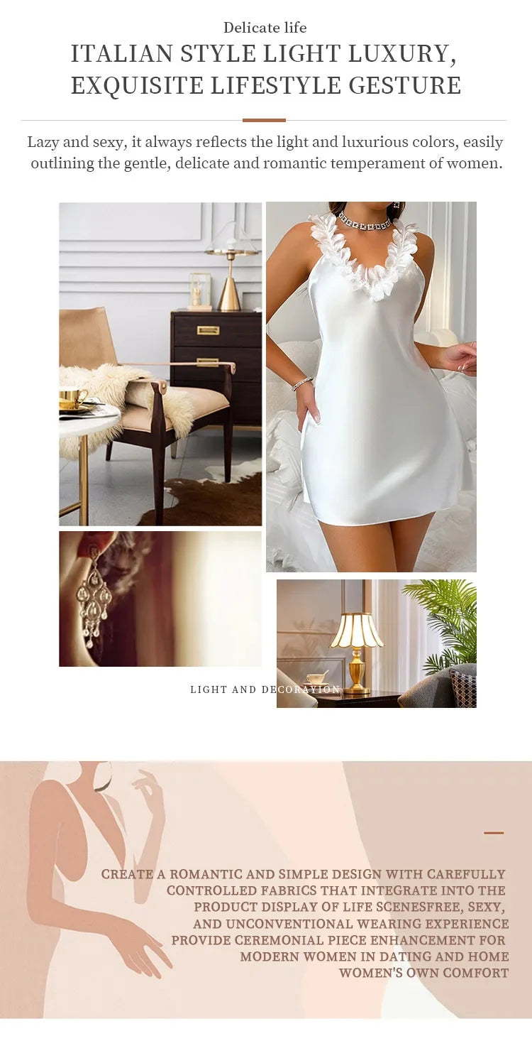 Summer Contrast Sensual Lace Silk Satin Nightdress for Women Nightgown Deep V Backless Split Slip Sleep Dress Pajamas