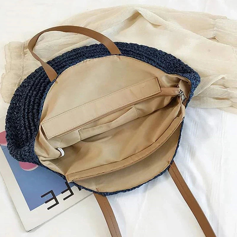 Large Capacity Round Women's Fashionable Straw Woven Shoulder Bag | Handmade Summer Beach Travel Holiday Women Tote Bags