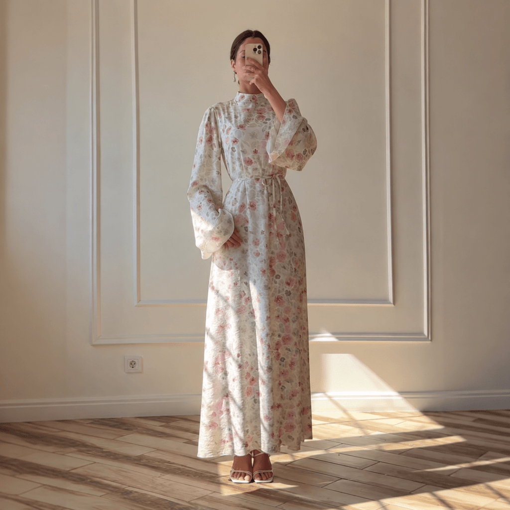 Floral Print Flared-Sleeve Waist Belt Maxi Dress(MS482)