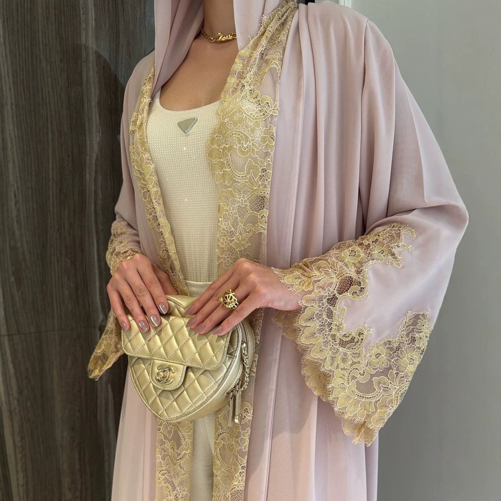 Lace-Panel Flared-Sleeve Open Abaya with Pockets(MOA332)