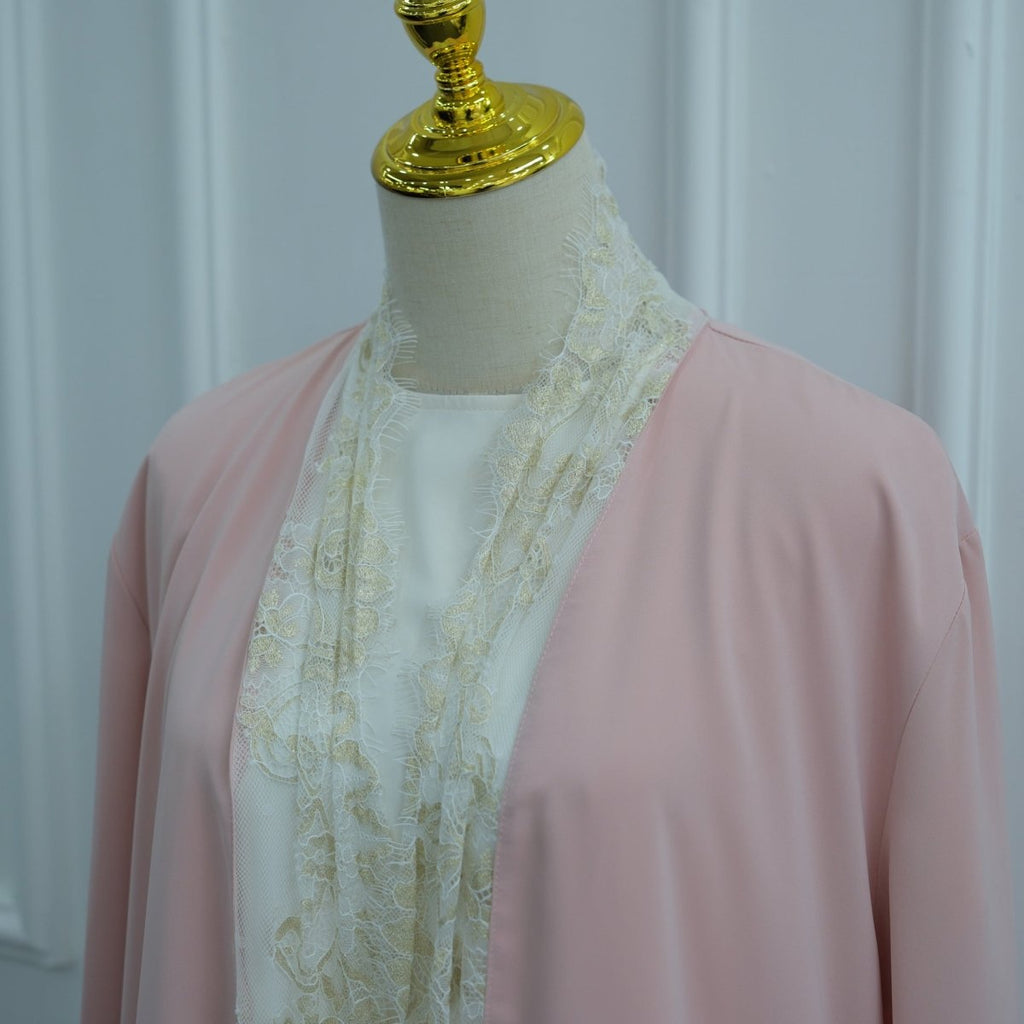 Lace-Panel Flared-Sleeve Open Abaya with Pockets(MOA332)