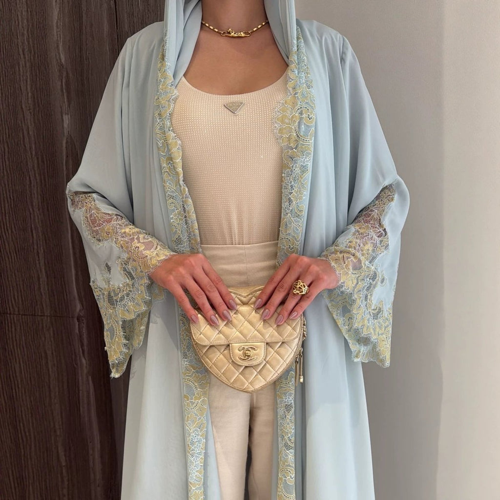 Lace-Panel Flared-Sleeve Open Abaya with Pockets(MOA332)